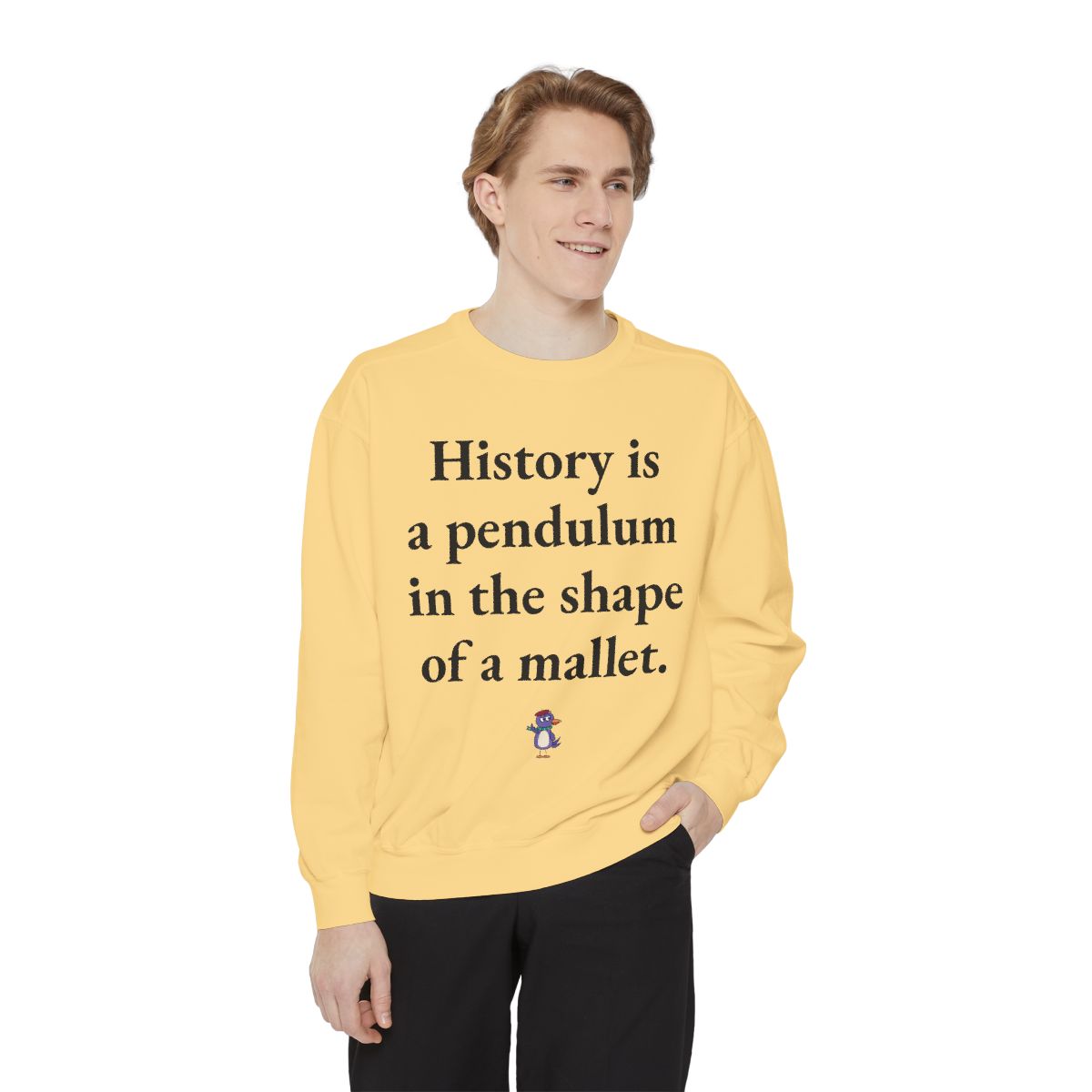 History is a pendulum in the shape of a mallet., worn